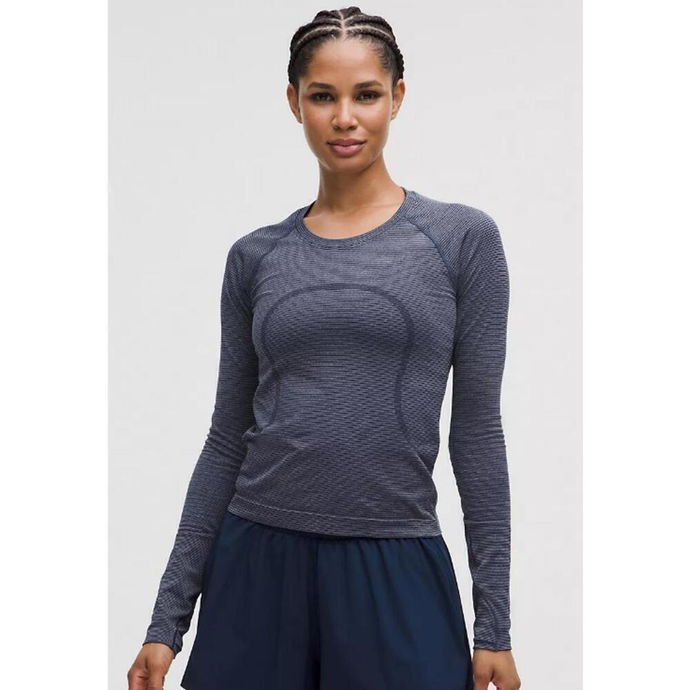 NWT Lululemon Swiftly Tech Long-Sleeve Shirt 2.0 Sz 12 Stripe Club Blue/White